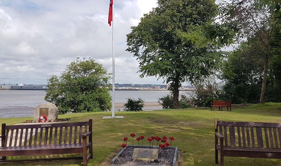 Bench views over the Mersey, near the Memorial Stone and poppy display Image:Bench views over the Mersey, near the Memorial Stone and poppy display